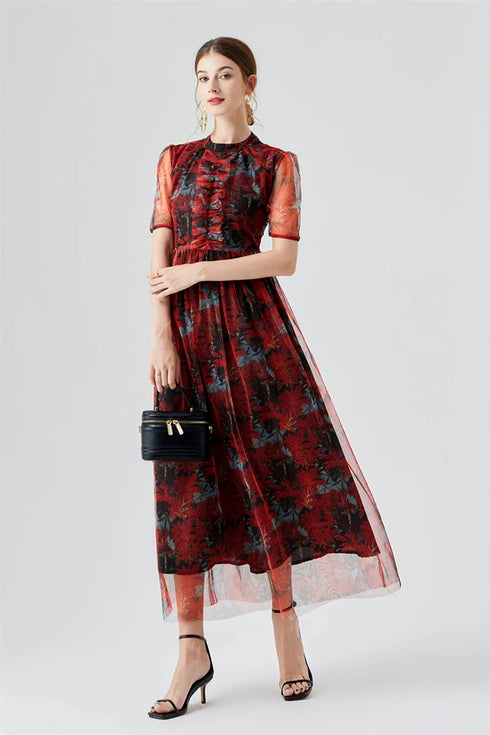 Retro Floral Print Mesh Sheer Elegant Short Sleeve Ruffled Cocktail, Party, Wedding Guest Vestidos Dress